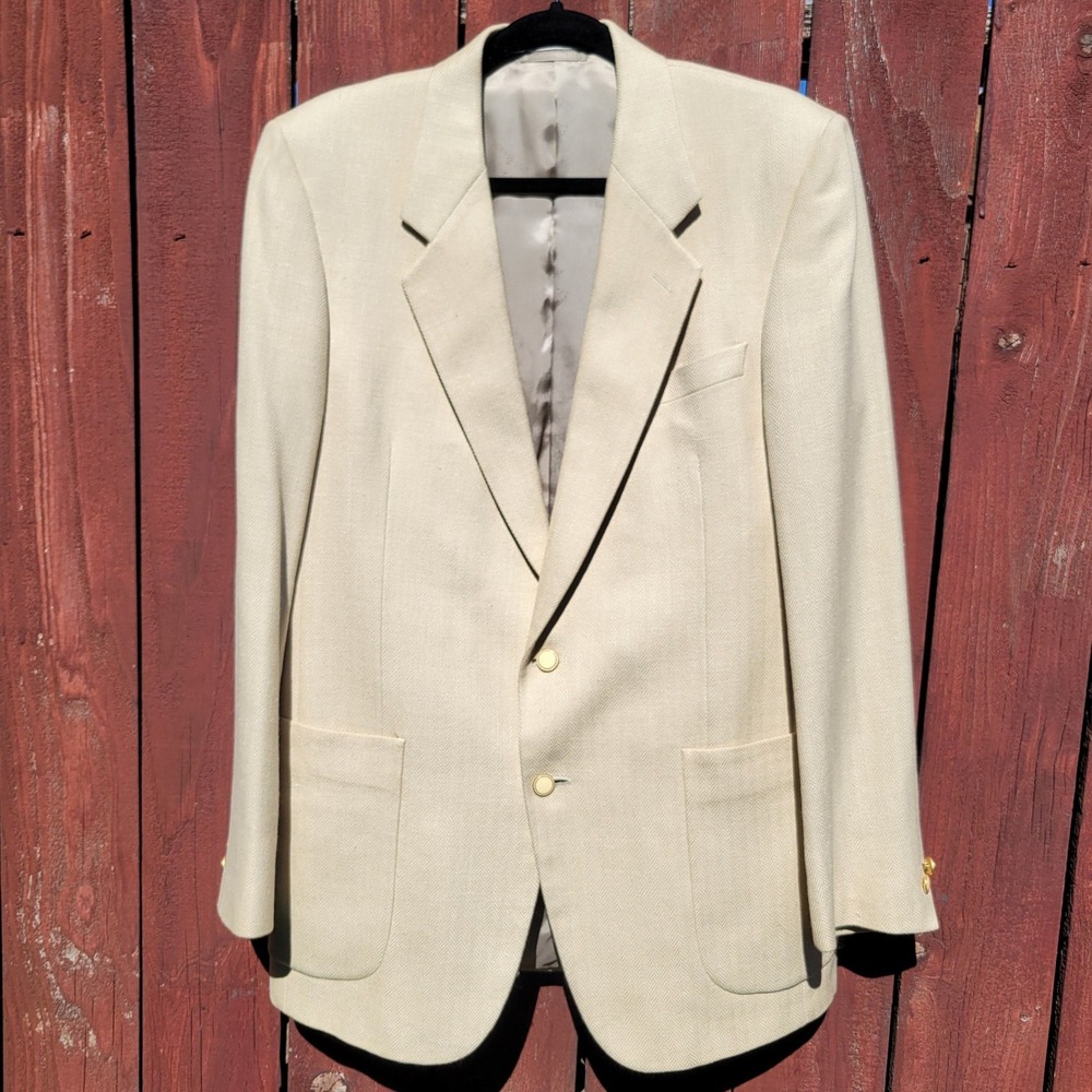 VTG 90s Roger Stuart Silk Wool Linen Herringbone Blazer Sport Coat Cream 42L
